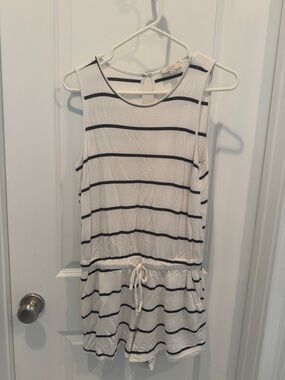 LOFT White and Navy Striped Sleeveless Drawstring Romper with Pockets